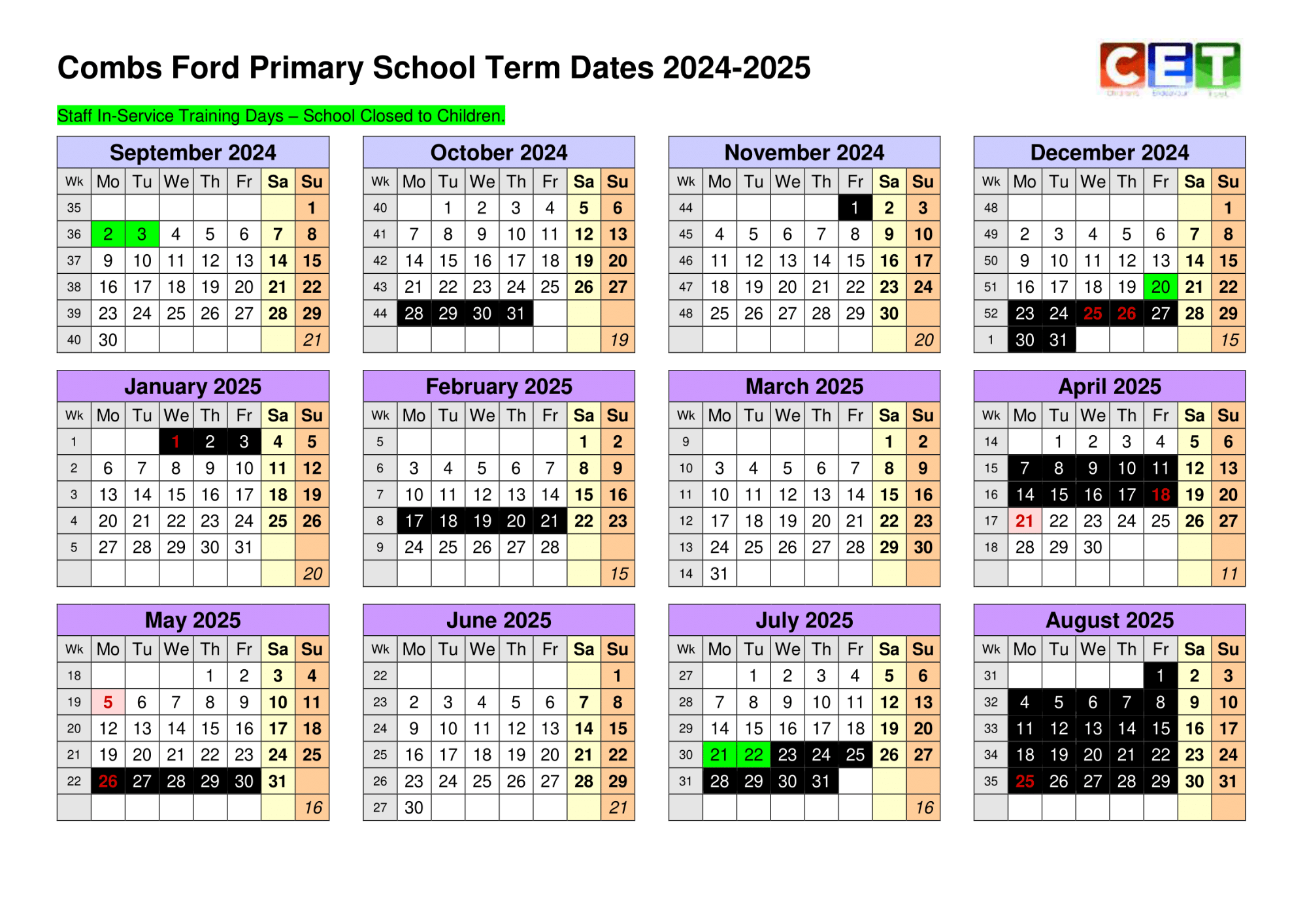 Image of Combs Ford Primary School's term dates for the academic year 2024-2025.