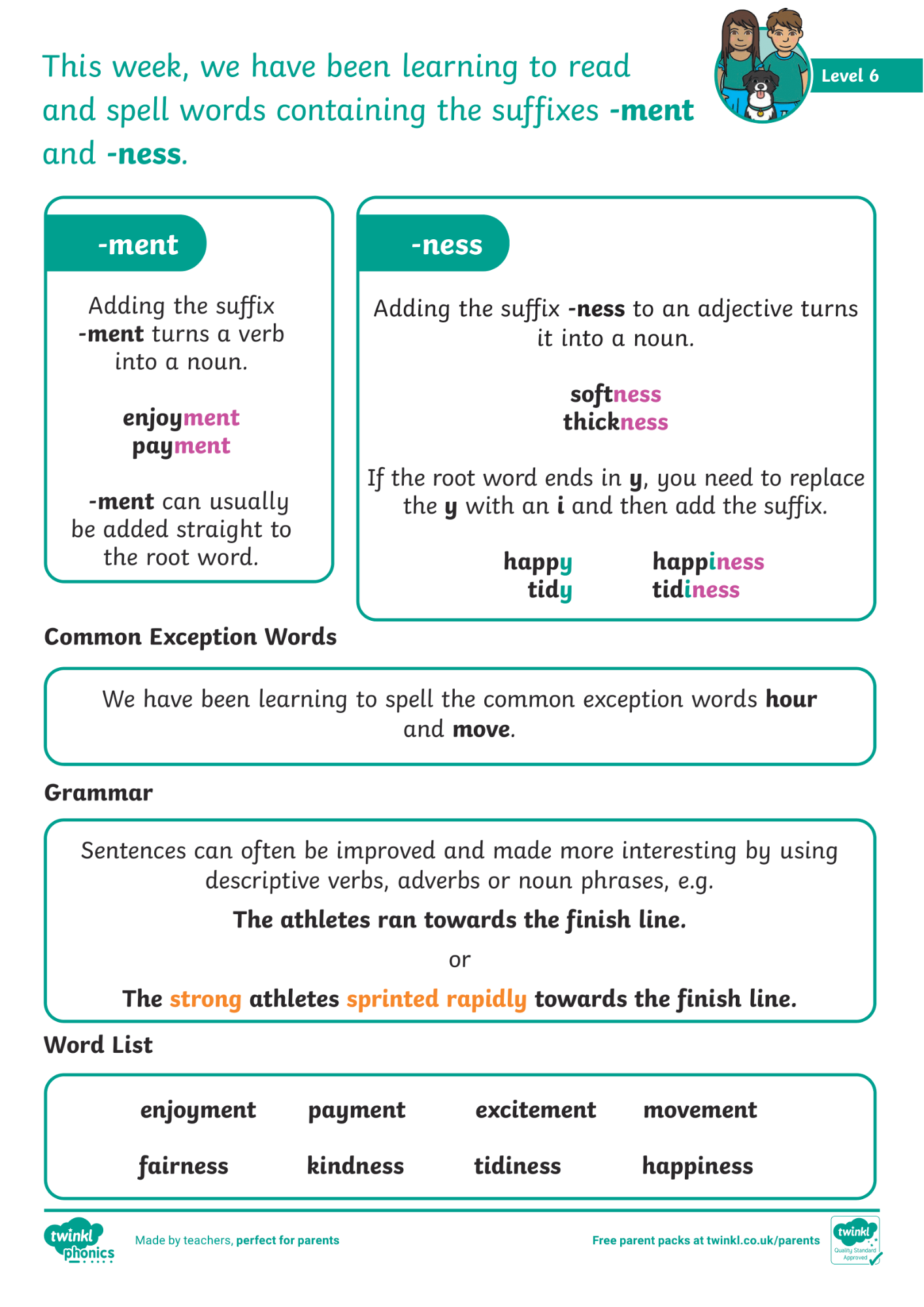 Image of Phonics Level 6 - Week 24 - suffixes '-ment', '-ness'.