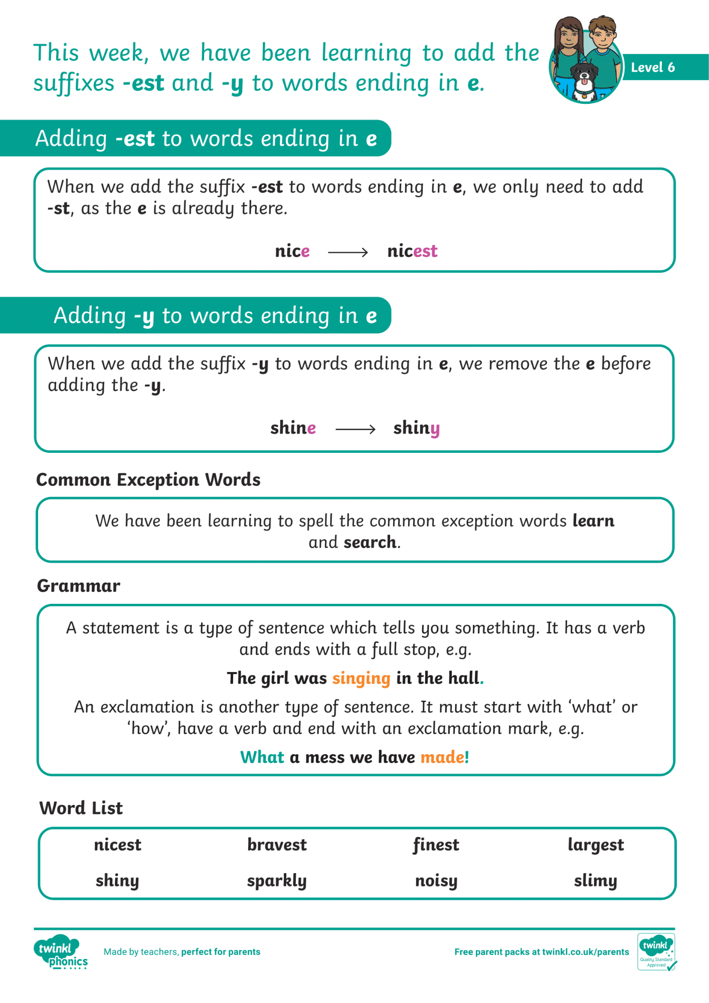 Image of Phonics Level 6 - Week 15 - '-est', '-y' to words ending in 'e'.