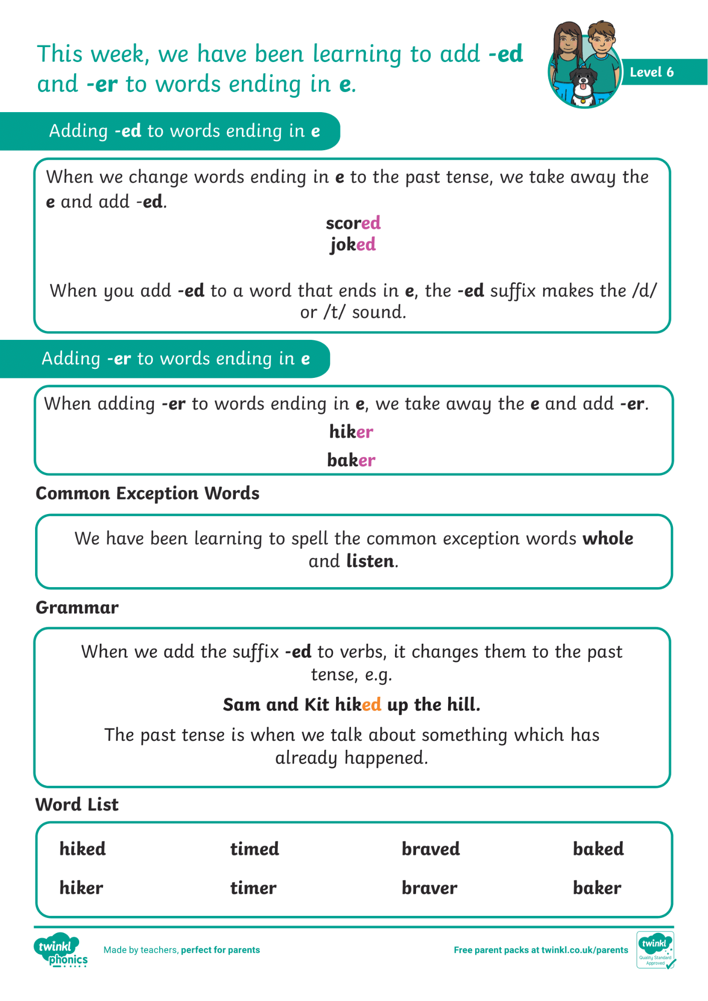 Image of Phonics Level 6 - Week 12 - '-ed', '-er' to words ending in 'e'.