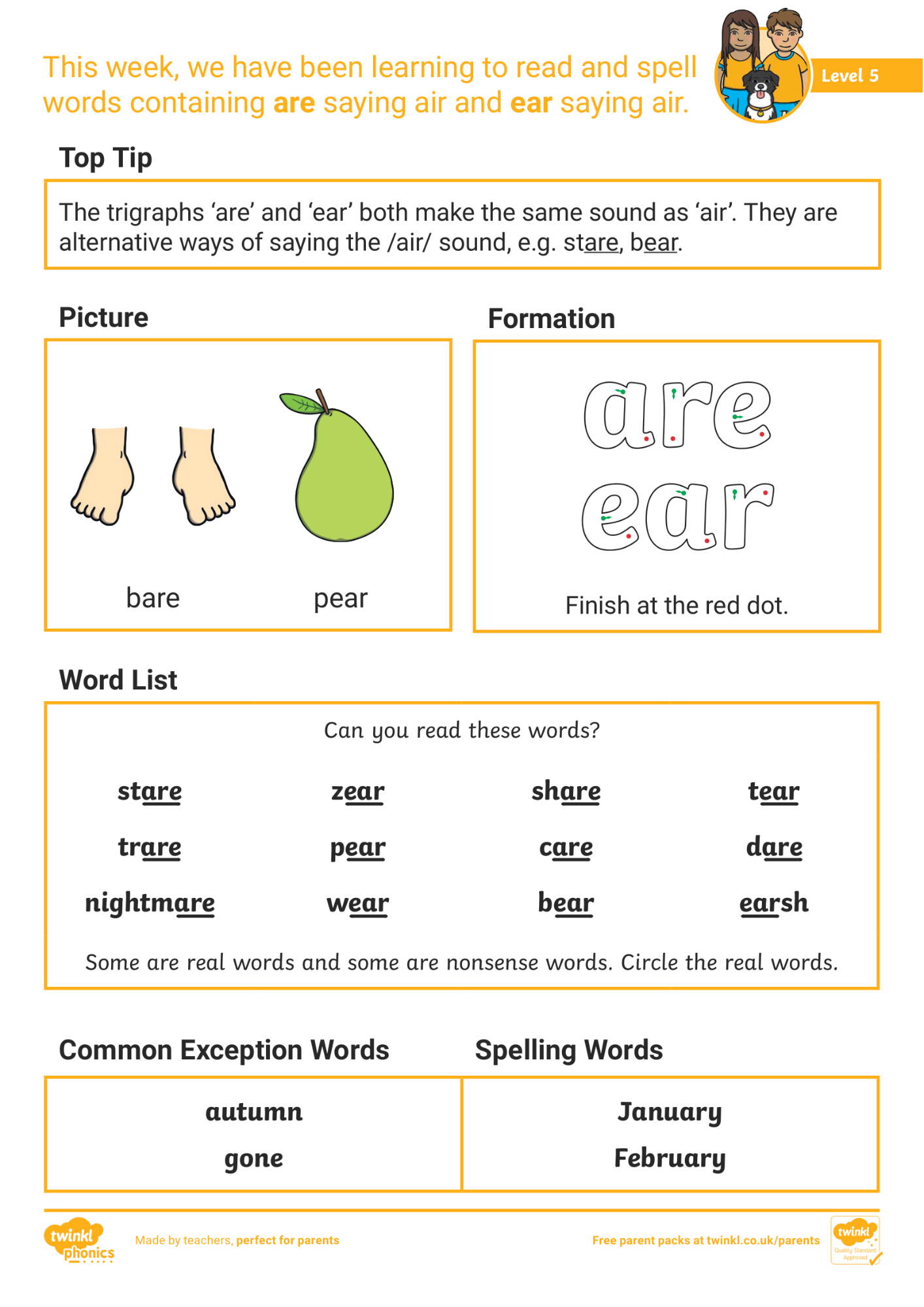 Image of Phonics Level 5 - Week 27: 'are' and 'ear' saying /air/