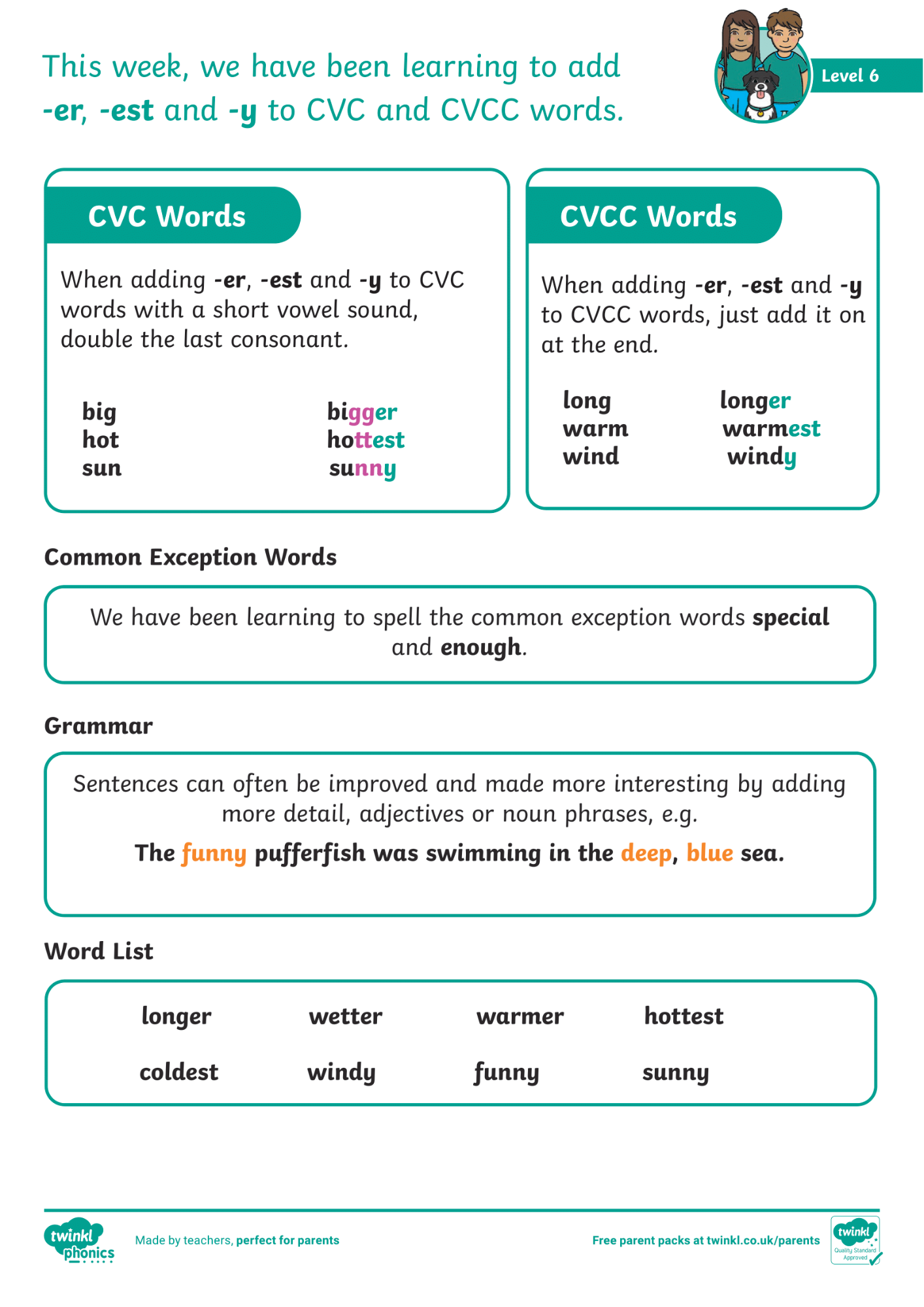 Image of Phonics Level 6 - Week 21 - '-er', '-est', '-y' to CVC and CVCC words.